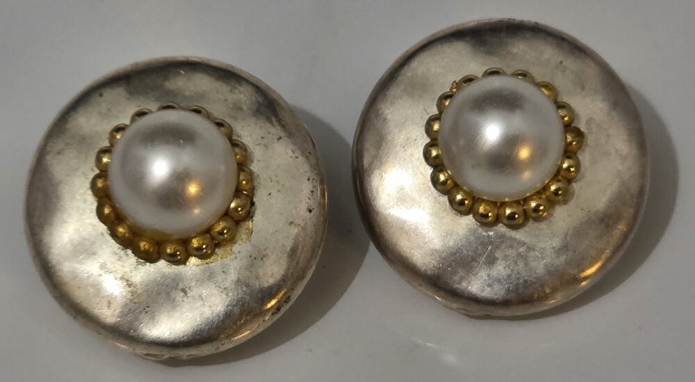 Vintage Clip Earrings Silver with gold Accents and Pearl 1"